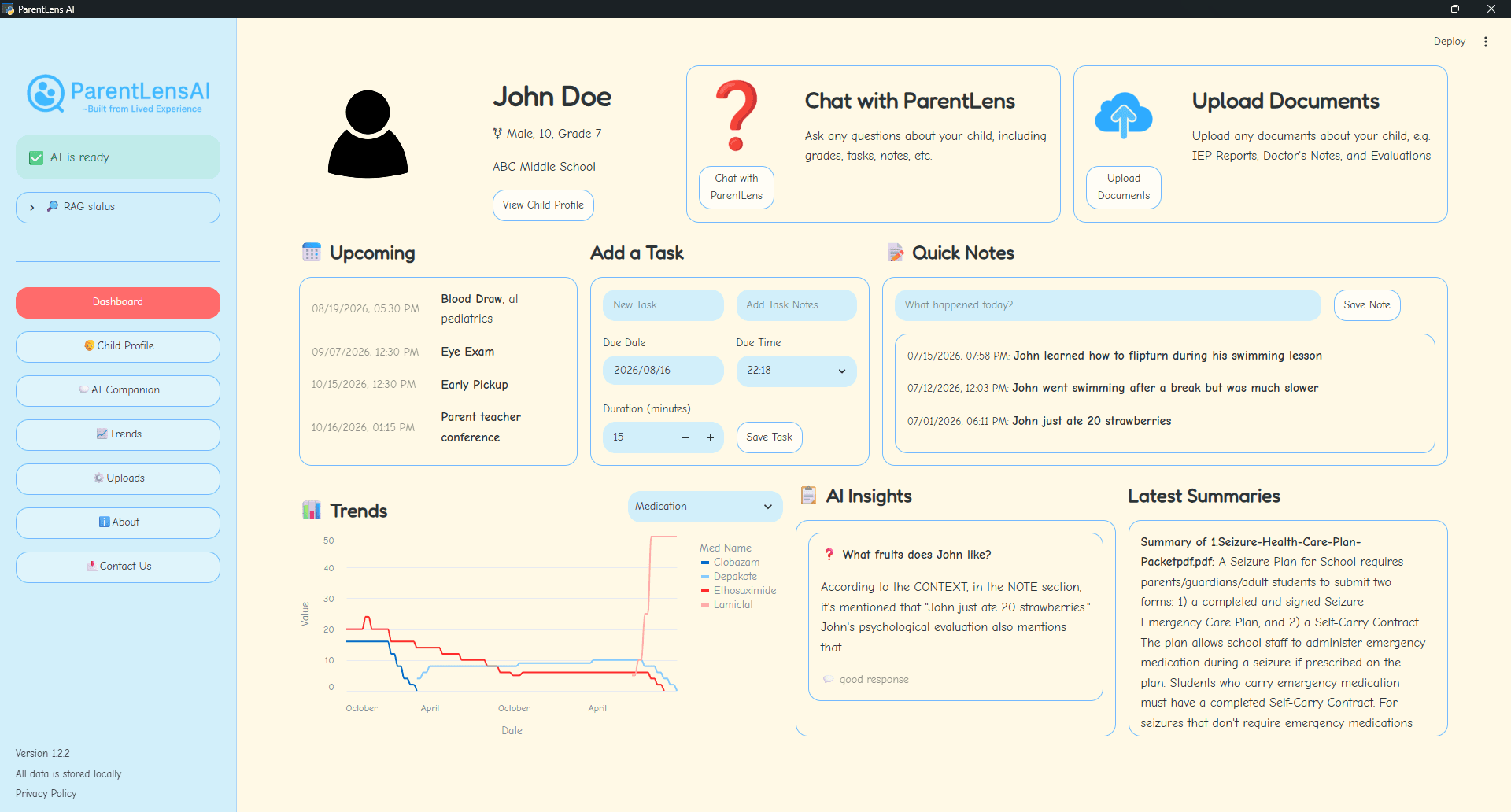 ParentLensAI dashboard showing child information, tasks, notes, and trends