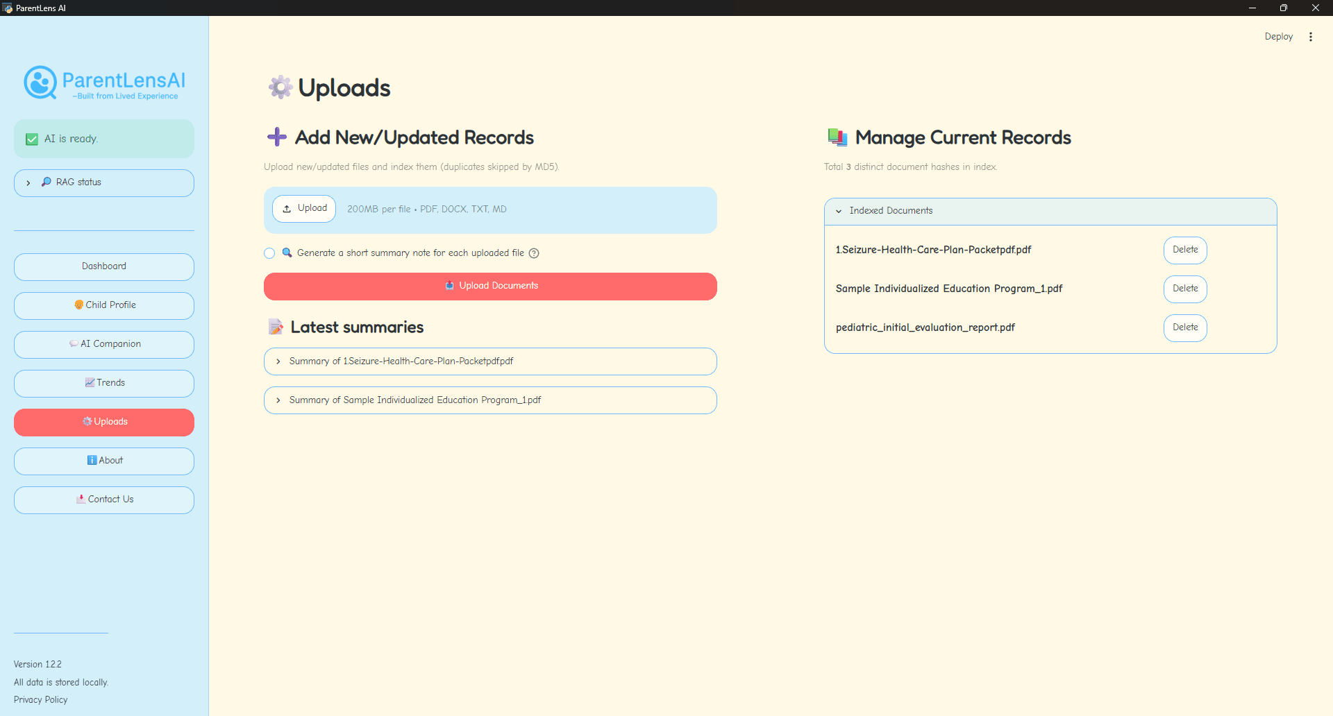 ParentLensAI document upload and record management page